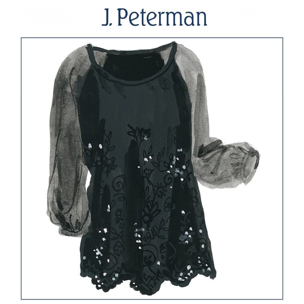 J. PETERMAN 100% Silk Sequin Front Blouse, Black, Embroidery, Sheer Sleeves, 6
